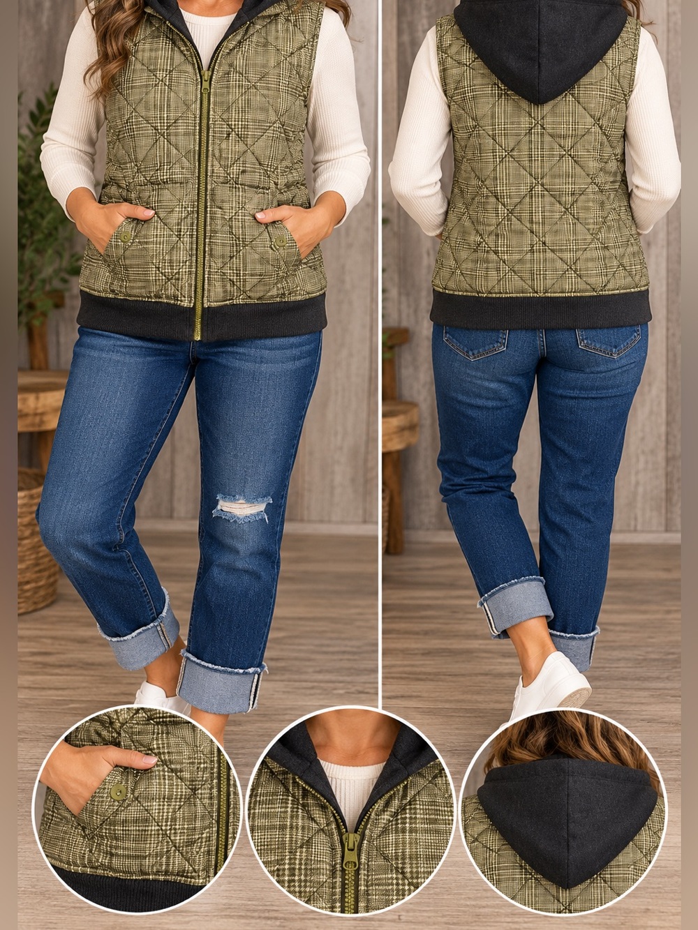 Ruff Hewn Hooded Quilted Vest Plaid Olive Green Black Puffer vest-size XL